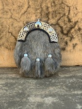 Men's Scottish Handmade Grey Fur Sporran 3 Chrome Tassel With Chain Belt