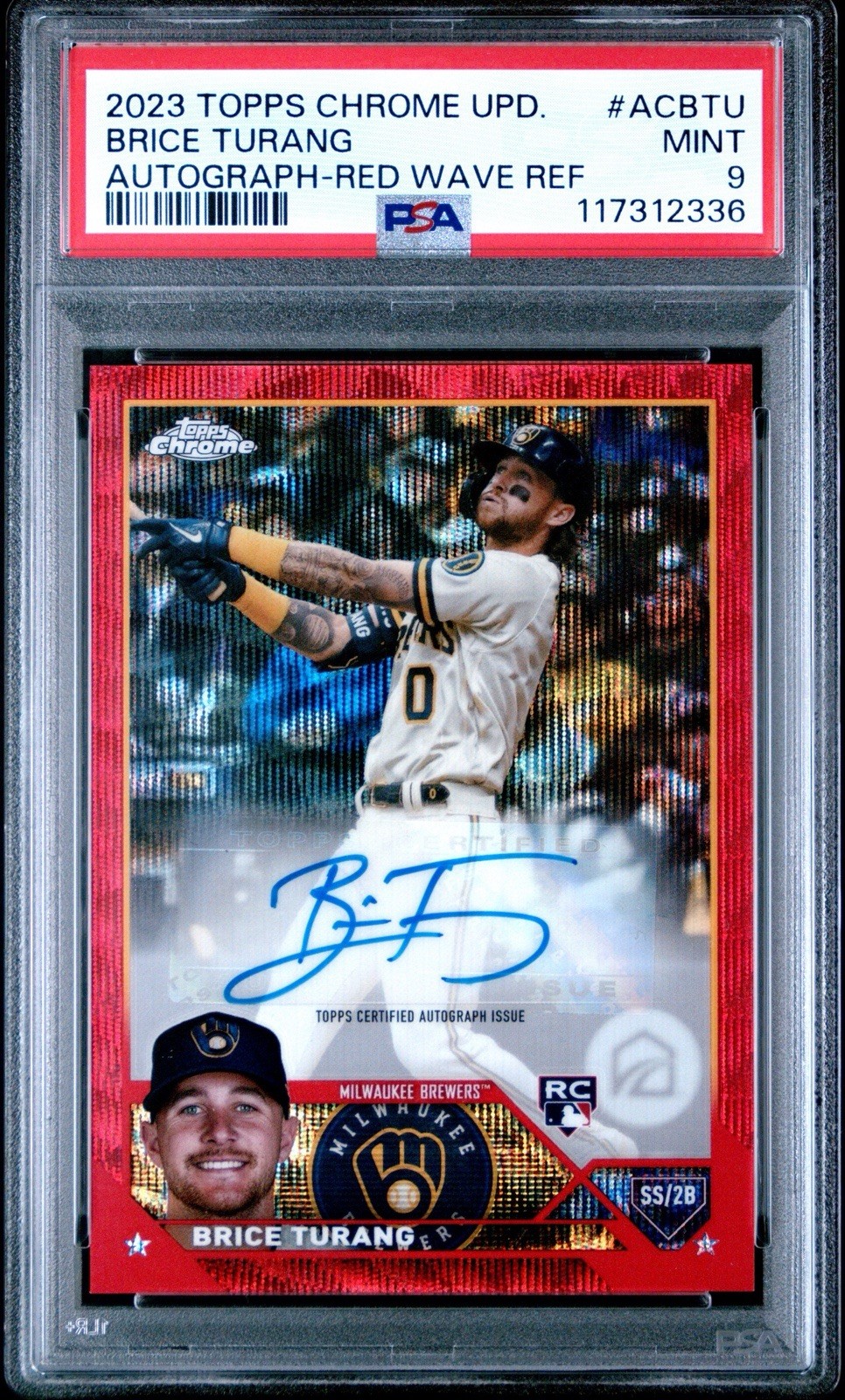 Brice Turang /5 Red Wave Rookie Auto - 2023 Topps Chrome - PSA 9 #AC-BTU