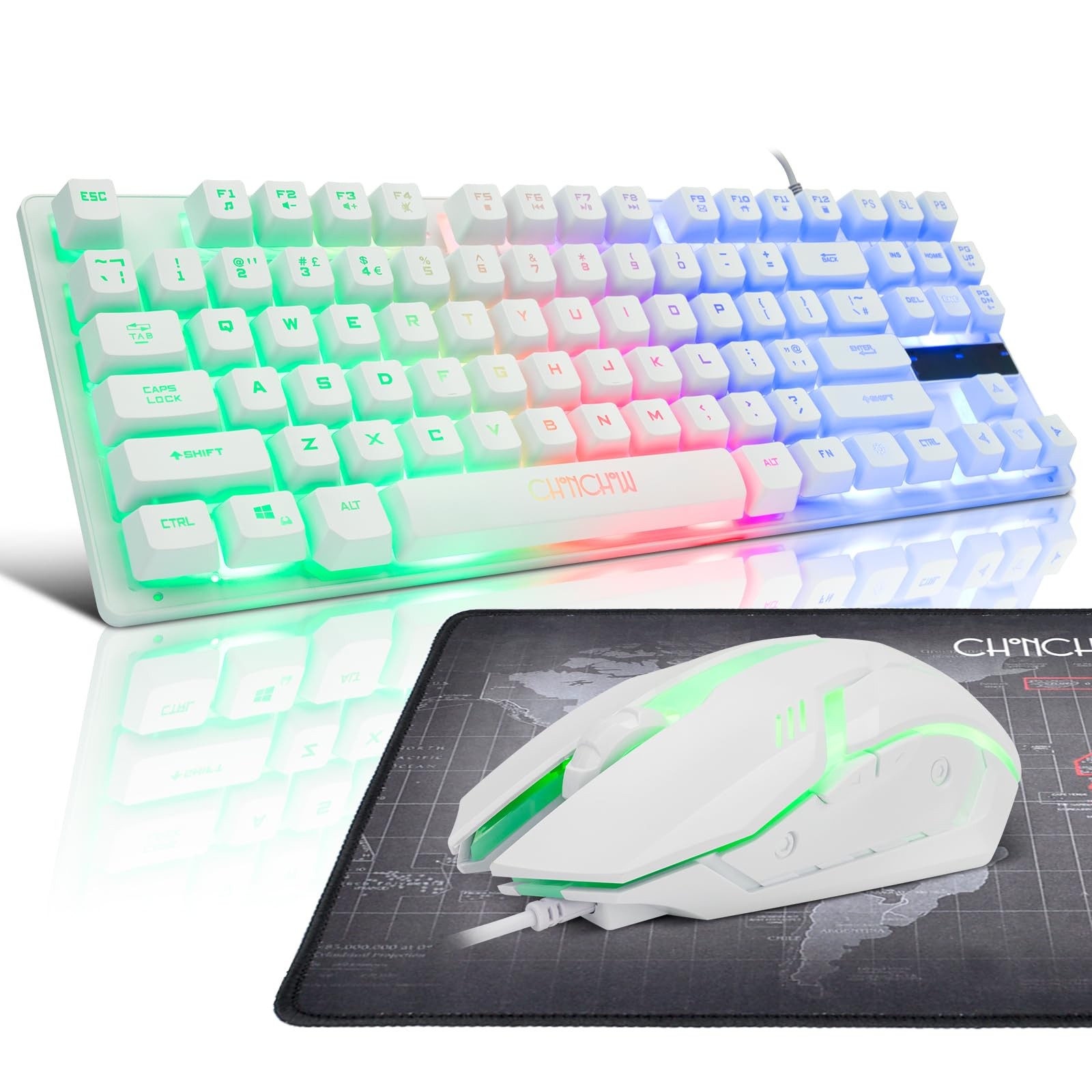 87 Keys TKL Wired Gaming Keyboard, Rainbow Led Backlight, White Keyboard and ...