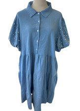 Chic Soul Always Meant To Be 3X Demin Pearl Babydoll Tiered Puff Sleeves Dress