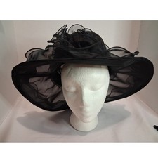 Black Organza Wide Brim Sun Hat Ruffle Floral Wedding Tea Party Derby