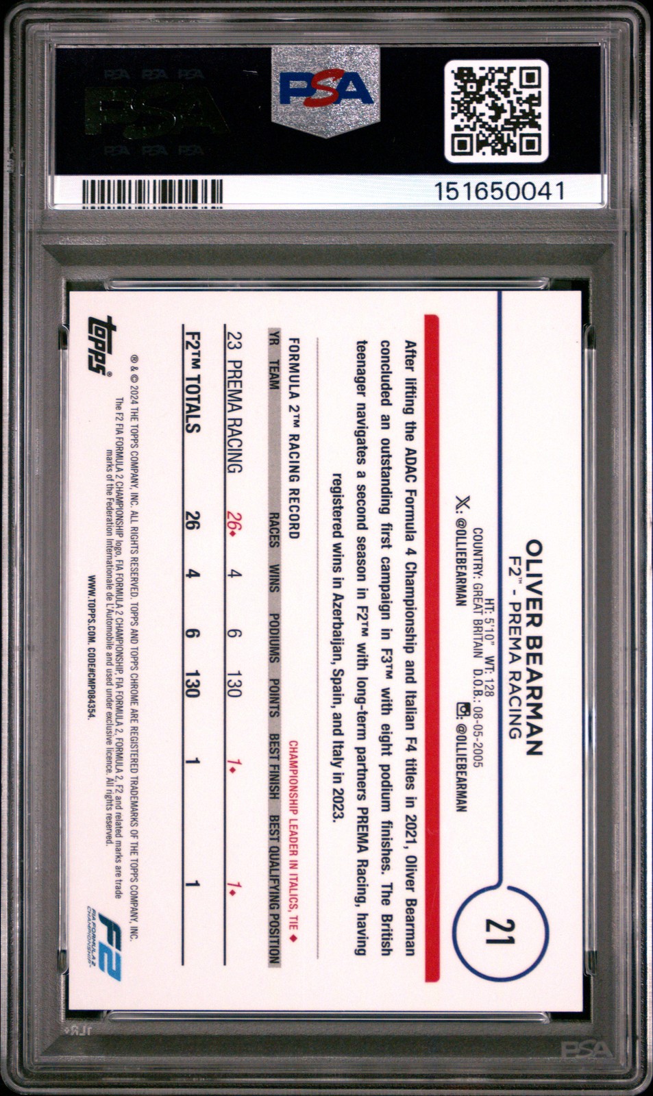 2024 TOPPS CHROME FORMULA 1 RED REFRACTOR #21 OLIVER BEARMAN 1/5 PSA 9 view 2