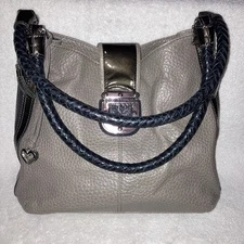 Brighton Fashionista City Block Dovima Gray Pebbled Leather Handbag Blue Accent