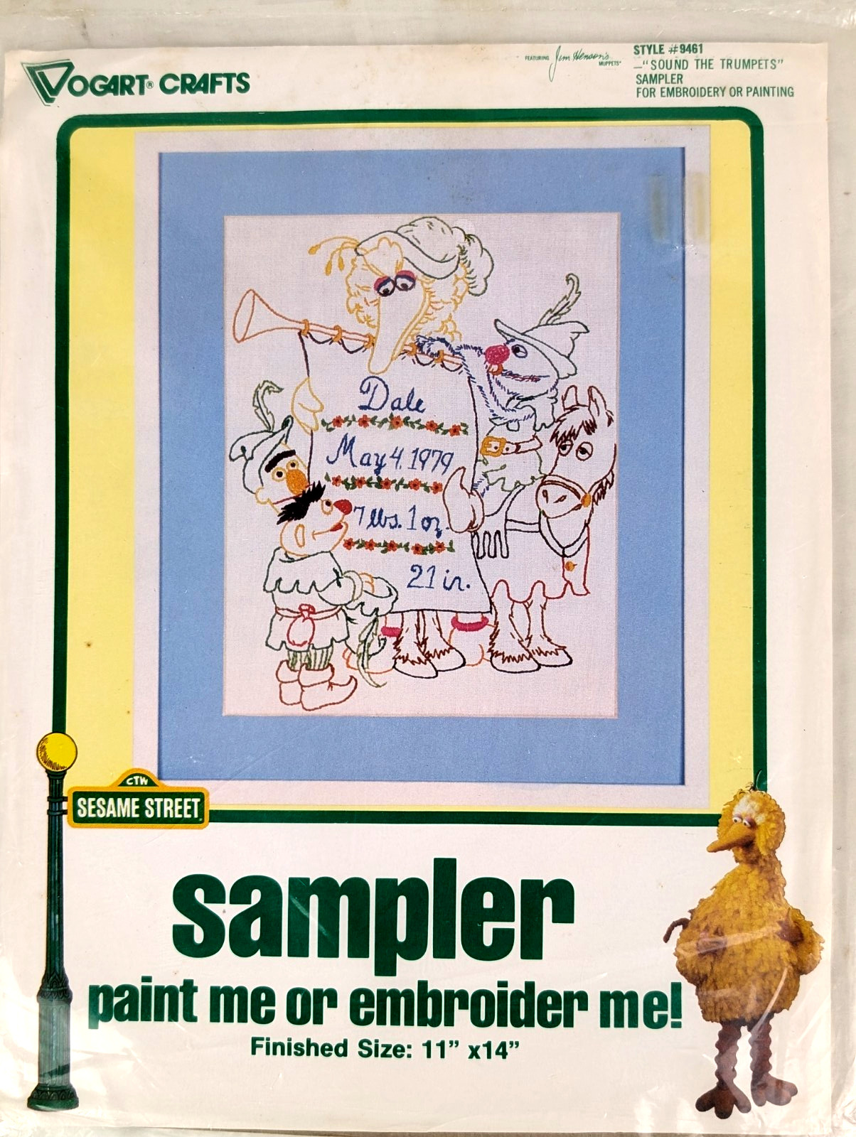 Vintage Vogart Crafts Sampler 9461 Sesame Street Trumpet Birthday Embroider Kit