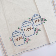 Vintage Kitchen Towel Linen Woven Stripes Farmhouse Embroidered Canisters Floral