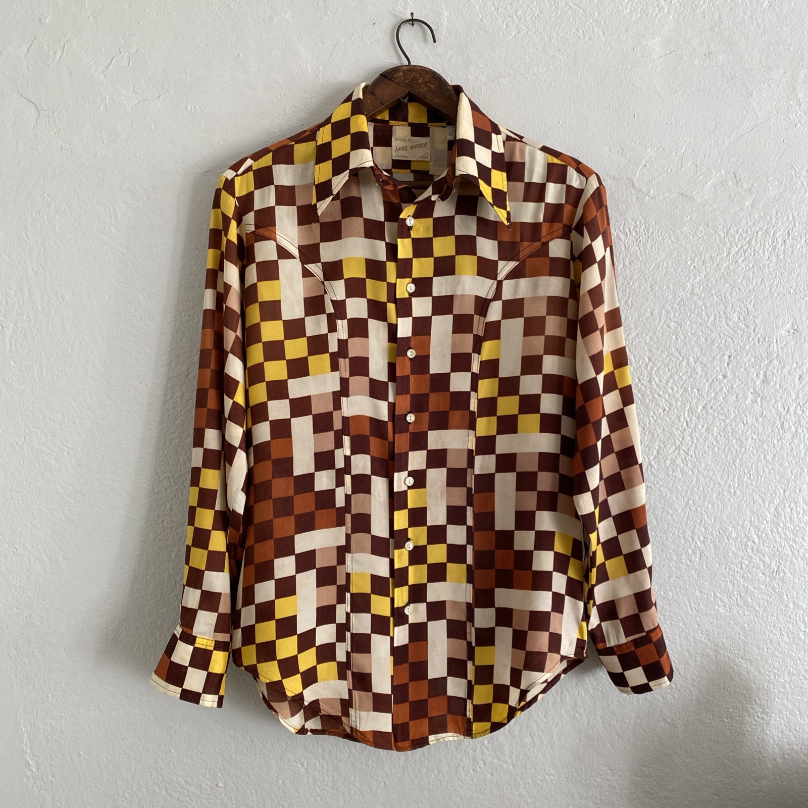 Vintage 70s Mike Weber Dagger Collar Op Art Checker Disco Button Up Shirt Sz S M