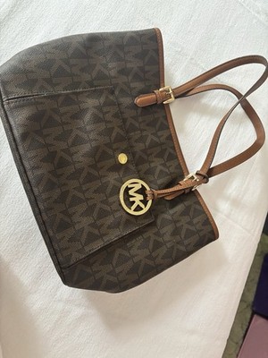 Michael Kors Brown MK Monogram Medium Tote w/ Gold Charm Tag, Inner Pockets