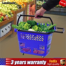 6pc Blue Shopping Carts with Wheels  Handle Plastic Rolling Shopping Basket