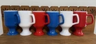 6 x Milk Glass Pedestal Mugs Cups Red White Blue 1970s Vintage 4th Of July