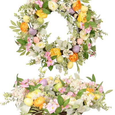 Easter Wreath 20IN with Daisy Flowers, Eggs, Silk Polyester, Front Door Easte...