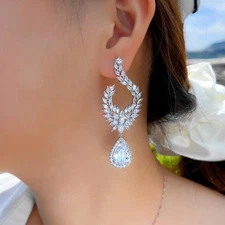 Elegant Wedding Zircon Leaf Long Drop Earrings Silver Plated Women Bride Jewelry