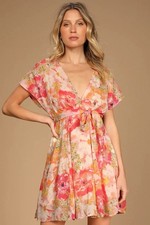 Free People Freddy Pink Floral Short Sleeve Tie Waist Mini Dress Size Small