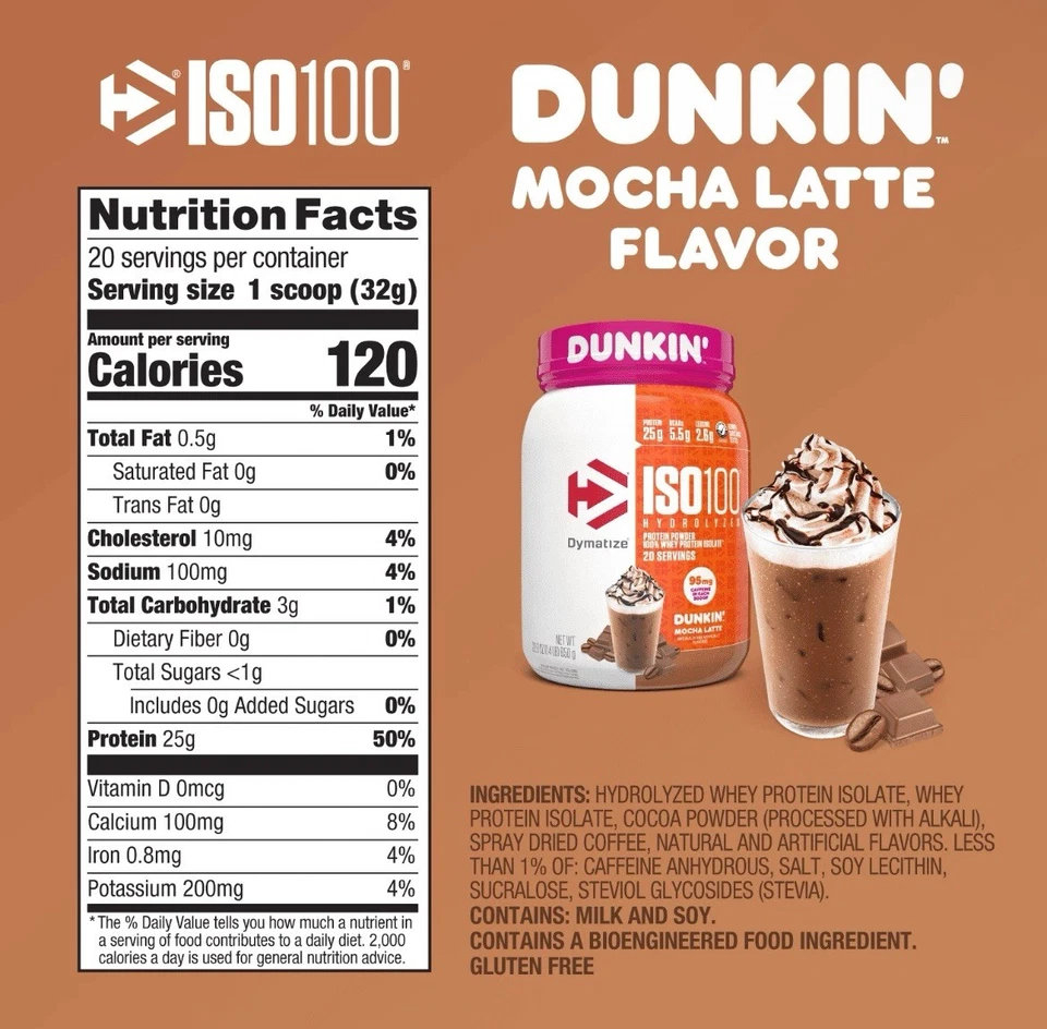 Proteína aislada de suero hidrolizada en polvo Dymatize ISO100, Dunkin' Mocha, 25 g Foto 2 de 2