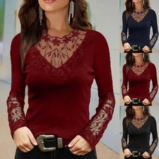Women Lace Long Sleeve V-Neck T-Shirt Ladies Casual Loose Blouse Shirt Slim Tops