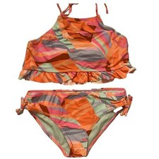 NWT Raisins Girls Two-Piece Halter Guava Island Orange/Multi Bikini Set Size 16