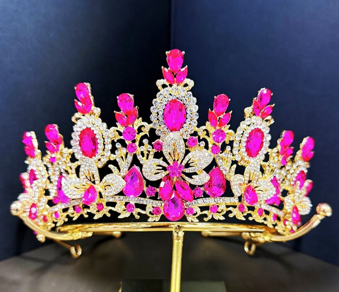 Princess Flower Crown, Floral Tiara, Birthday Party Crown, Fuchsia Crystal Tiara Pink & Gold Princess Birthday Crown: Floral Fairy Tiara - Etsy main image 3