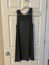 NEW LOFT SWING shift MED Black stretch Rayon DRESS w Crocheted Linen LACE @neck