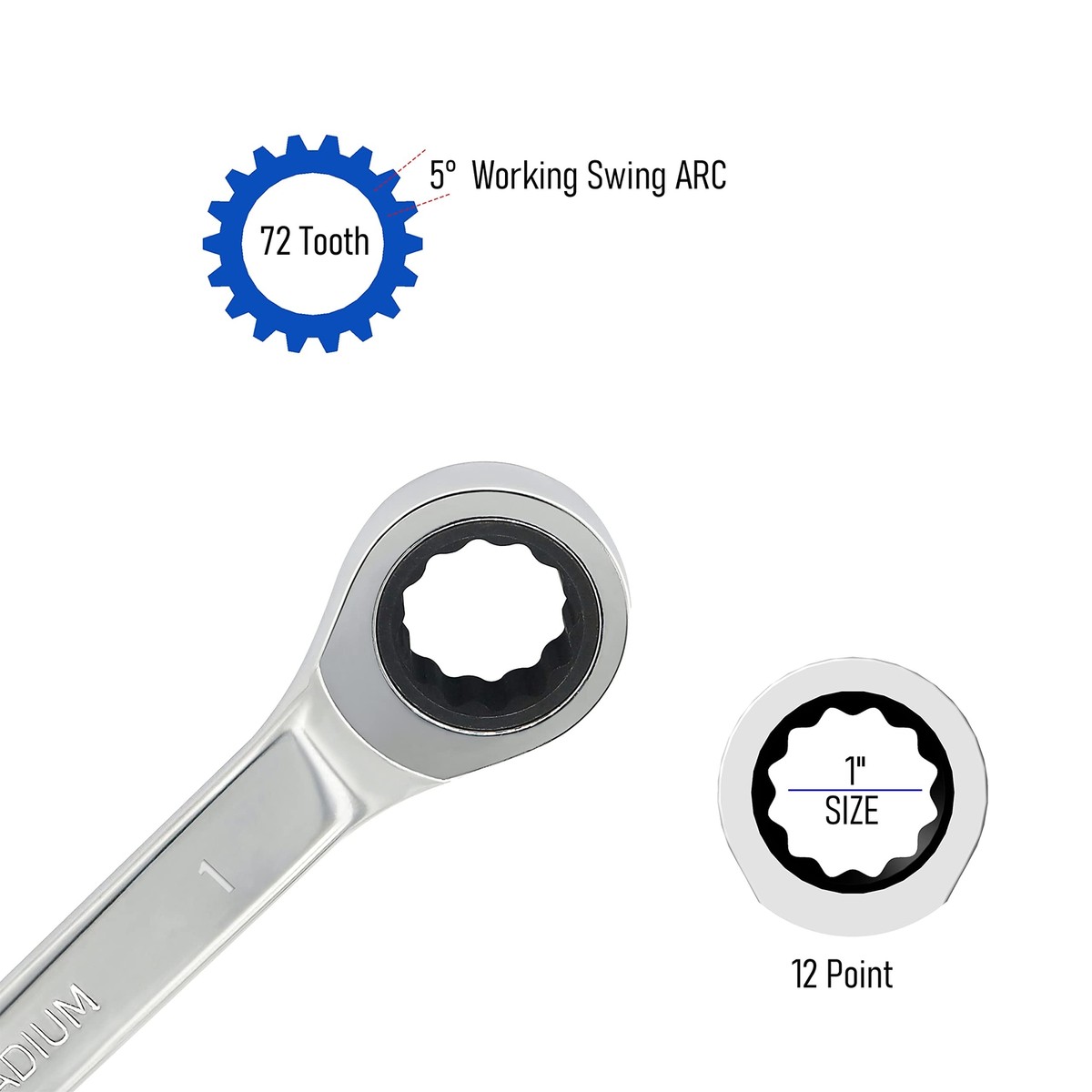 Skweawert 1 Inch Flex-Head Ratcheting Wrench - SAE 72-Tooth, 12-Point Box End, Heat-Treated CR-V Steel, 180° Pivoting Head - View #7