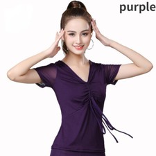 Women Drawstring T Shirt Mesh Short Sleeve Latin Dance Top Modern Frilly Blouse