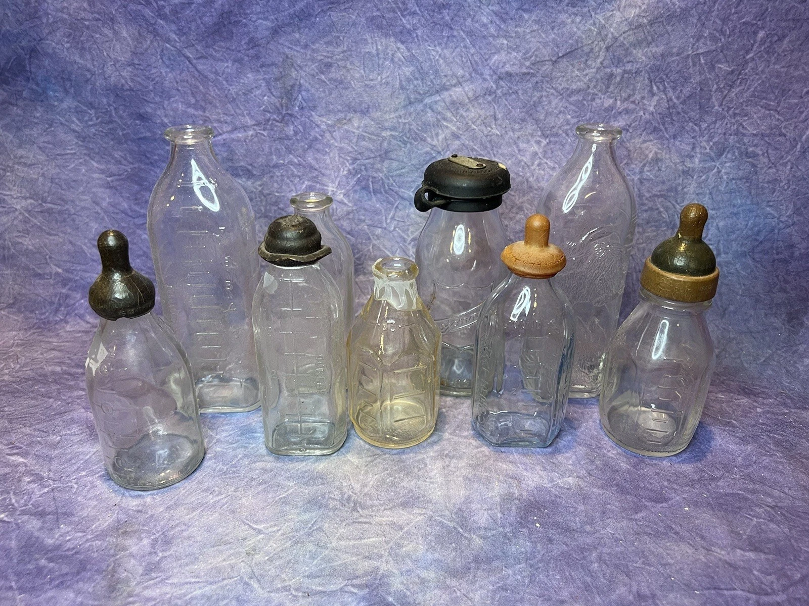 9 Vintage Glass Embossed Baby Bottles-Cat/Kittens Bunny Elephant Baby-Nice
