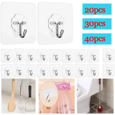 20-40pcs Adhesive Sticky Hooks Heavy Duty Clear Wall Seamless Hooks Hangers US