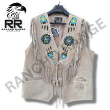 Men's Western Brown Cowboy Suede Leather Vest Native American Beaded Fringe Vest