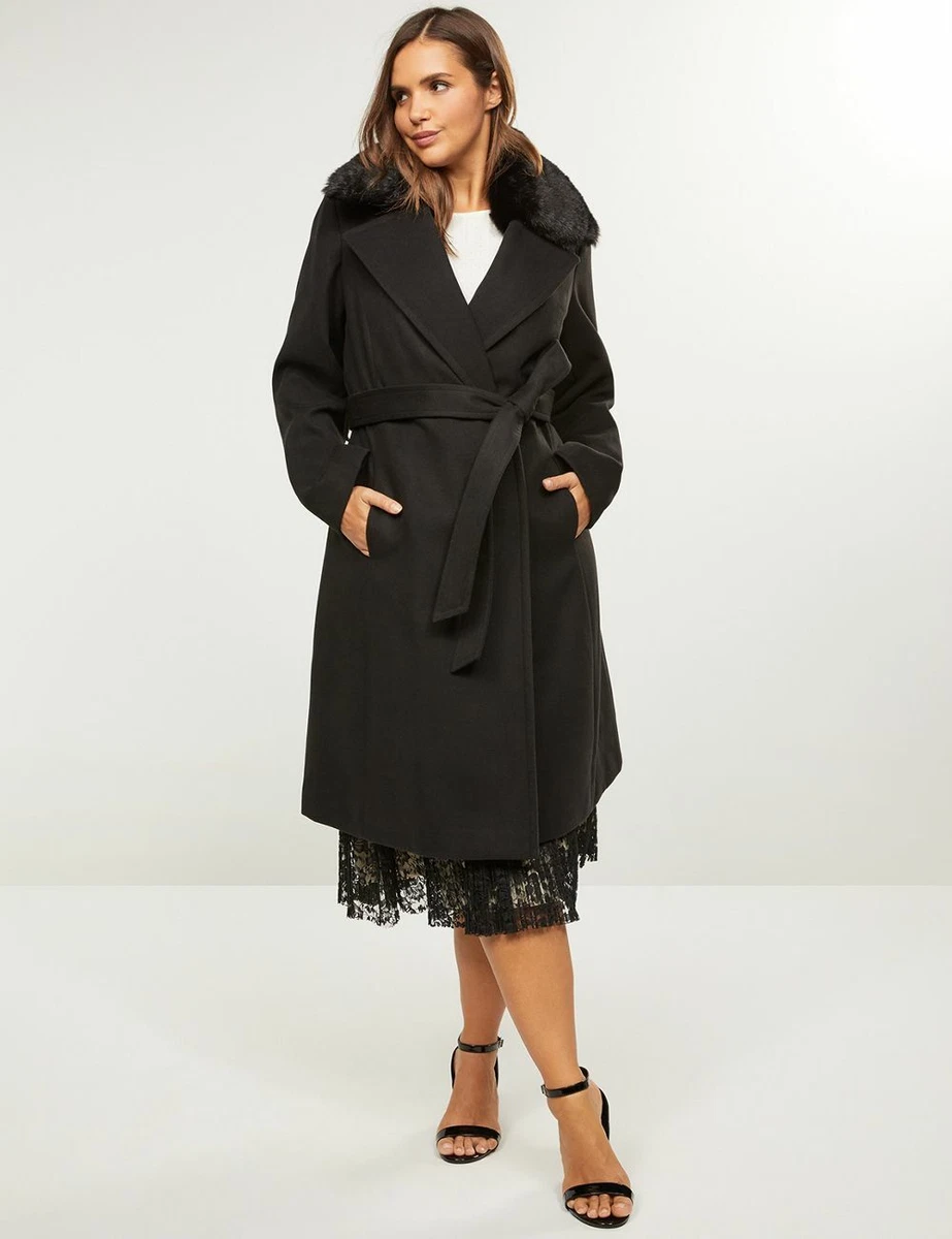 NEW LANE BRYANT BLACK FAUX FUR COLLAR DOUBLE BREASTED COAT SZ 18
