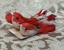 RED FEATHERED BIRDS WIRED CHRISTMAS CRAFT WEDDING DECOR SET OF 4
