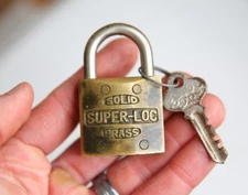Vintage Solid Super Loc brass padlock w/ key antique lock mailbox tool box safe