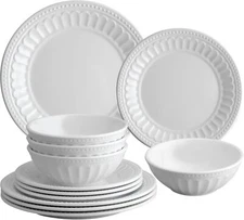 UPware 12-Piece Melamine Dinnerware Set, Includes Dinner Plates, Salad White 