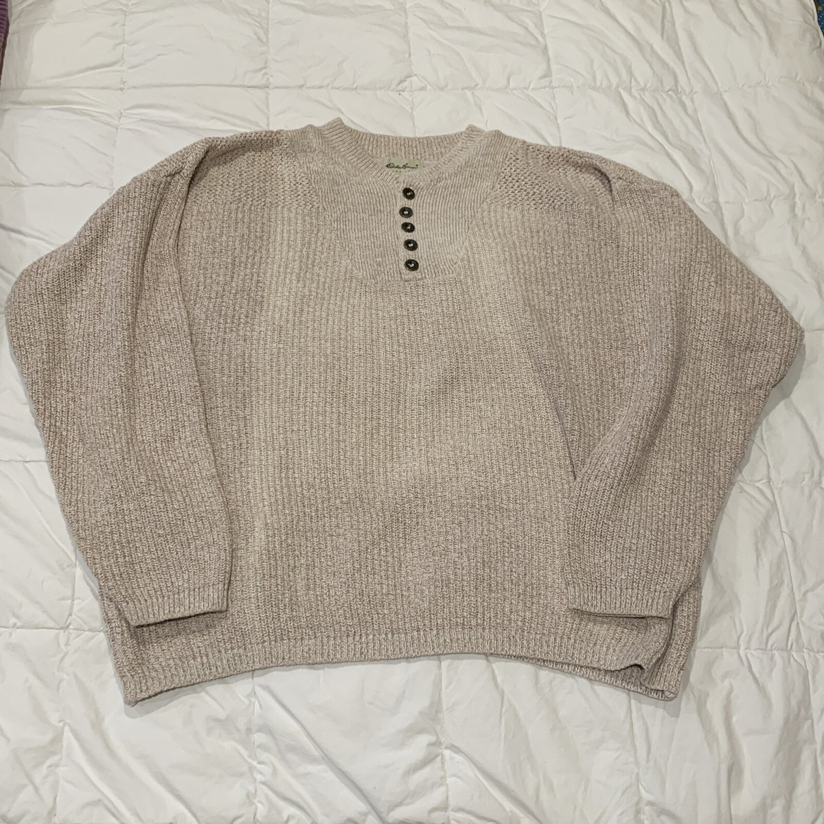 Eddie Bauer Cotton Henley Fisherman Sweater Mens Xl Beige Made In
