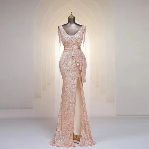 Evening Dress Tassel V Neck Ruffles High Split Women Sequin Long Prom Party Gown - Picture 13 of 30