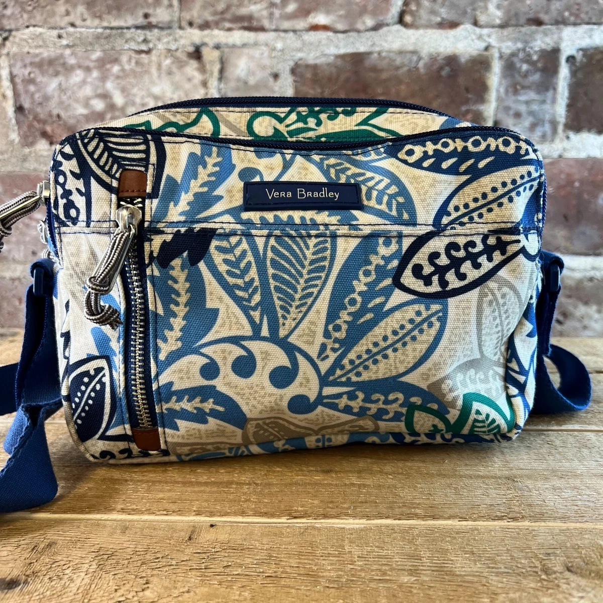 Vera Bradley Leaf Print Crossbody Purse In Blue Navy Teal And Grey One Size