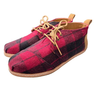 TOMS Buffalo Check Plaid Ankle Boots Lace Up Red & Black Womens Shoe Size 8 NEW!