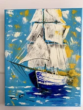 Hand Painted Acrylic Painting Stretched Canvas 11"x14"x0.6"  Wall Art Decor Ship