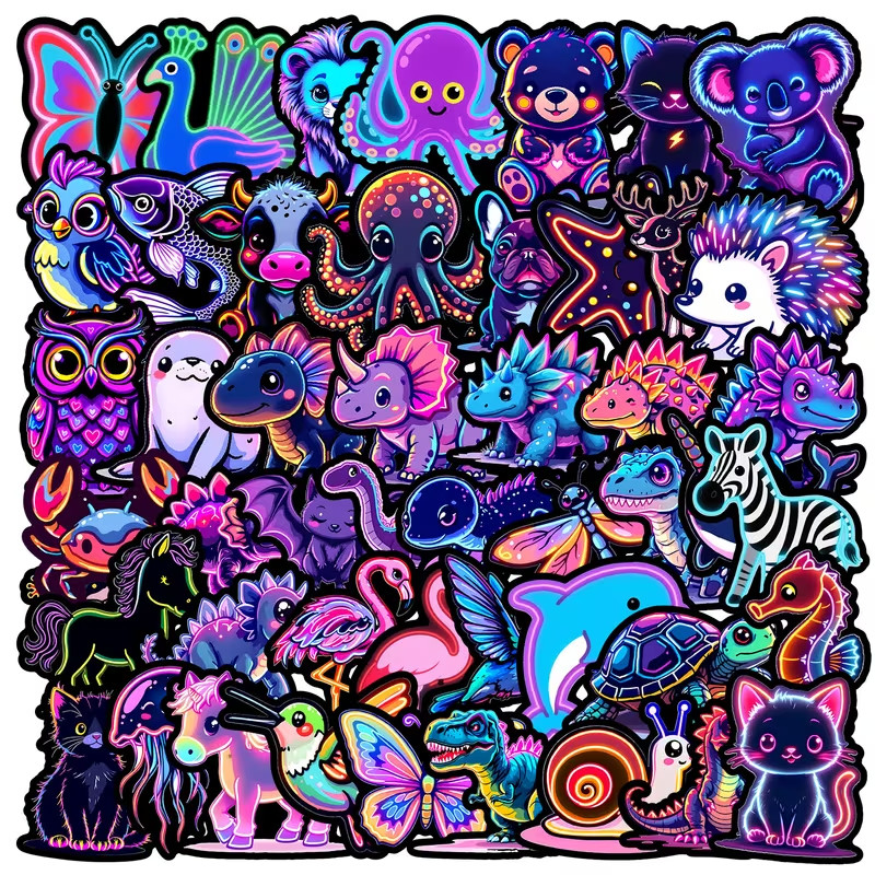 50 Pack of Neon Animal Stickers for Laptop/Water Bottle/Phone Case/iPad/Kindle