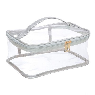 Large Clear Cosmetic Bag, Silver, See-Through PVC, Handle, Double Zippers