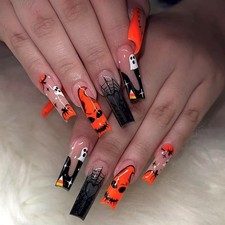 48Pcs Halloween Coffin Press On Nails Spooky Ghost Pumpkin Fake Nails Costume