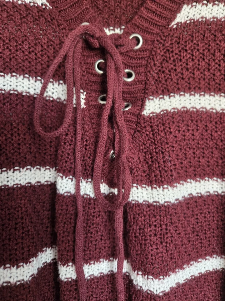 Suéter tejido manga larga Rue 21~ XL a rayas borgoña granate con cordón para mujer Foto 4 de 4