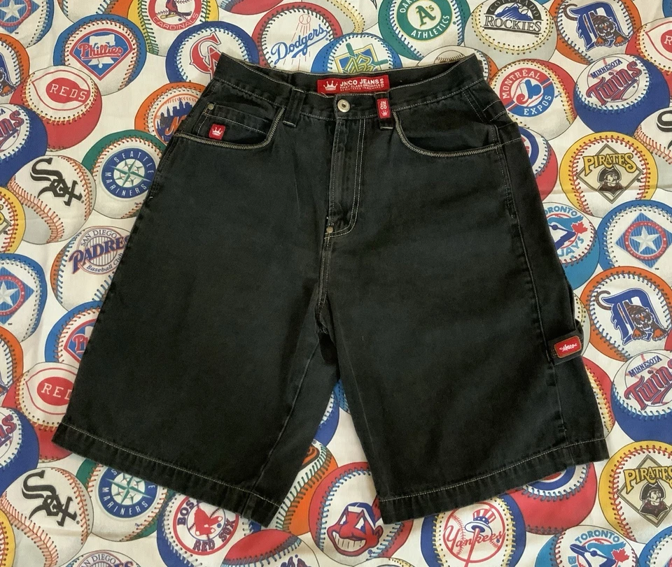 Vintage JNCO Jean Shorts Flame Skull Sz 30 Black Denim Skater Deep Double Pocket - Image 4 of 4