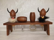 Vintage Viking Wooden Bar Set 5pc Corkscrew Bottle Opener Cork Stoppers & Stand 