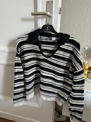H&M Damen Strickpullover Gr. M schwarz/weiß gestreift V-Ausschnitt Langarm