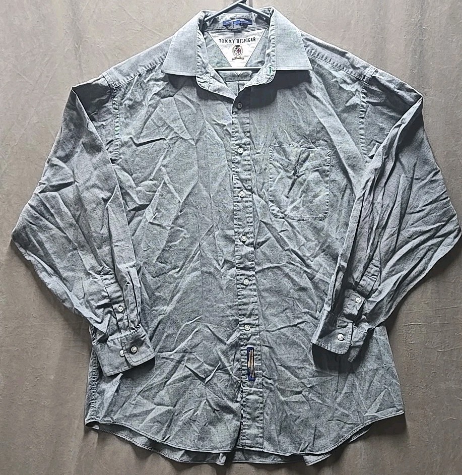 Vintage TOMMY HILFIGER Men 16 1/2 Collared Gray Button Up Dress Long Sleeve