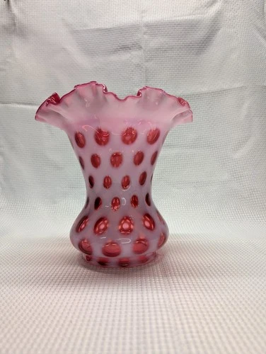Fenton Glass Cranberry Coin Dot 8 inch vase with ruffled edge