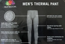 Fruit of the Loom Thermal Men's Black Underwear Bottom Pants Long Johns Size XL