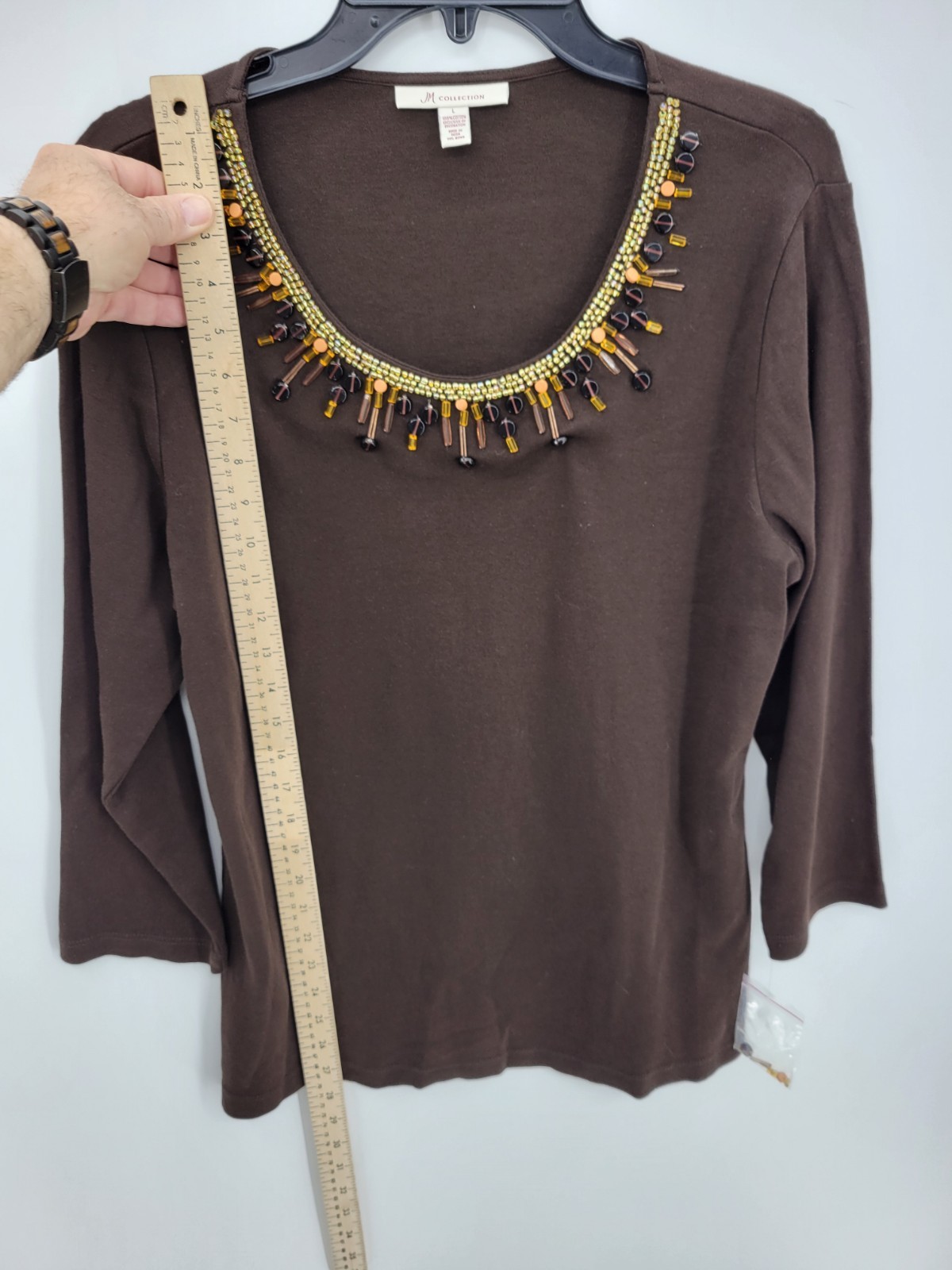 JM Collection Top Womens Large Brown Beaded Scoop Neck Long Sleeve Artsy Boho