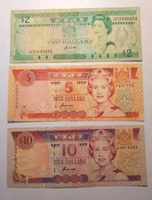 Fiji Lot Of 3 Banknotes QEII w/ Sugar Cane Harvest & Native River Boat