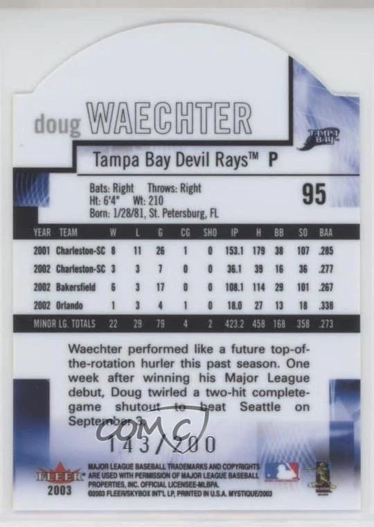 2003 Fleer Mystique Rookie Unveiling Blue /200 Doug Waechter #95 RC - Image 2 of 2