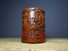 China Old Antique Huanghuali Wood Pure Handcarved Landscape Character Brush Pot