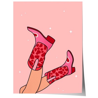 Pink Cowboy Boots Poster Cowgirl Aesthetic Illustration Trendy Western Wall